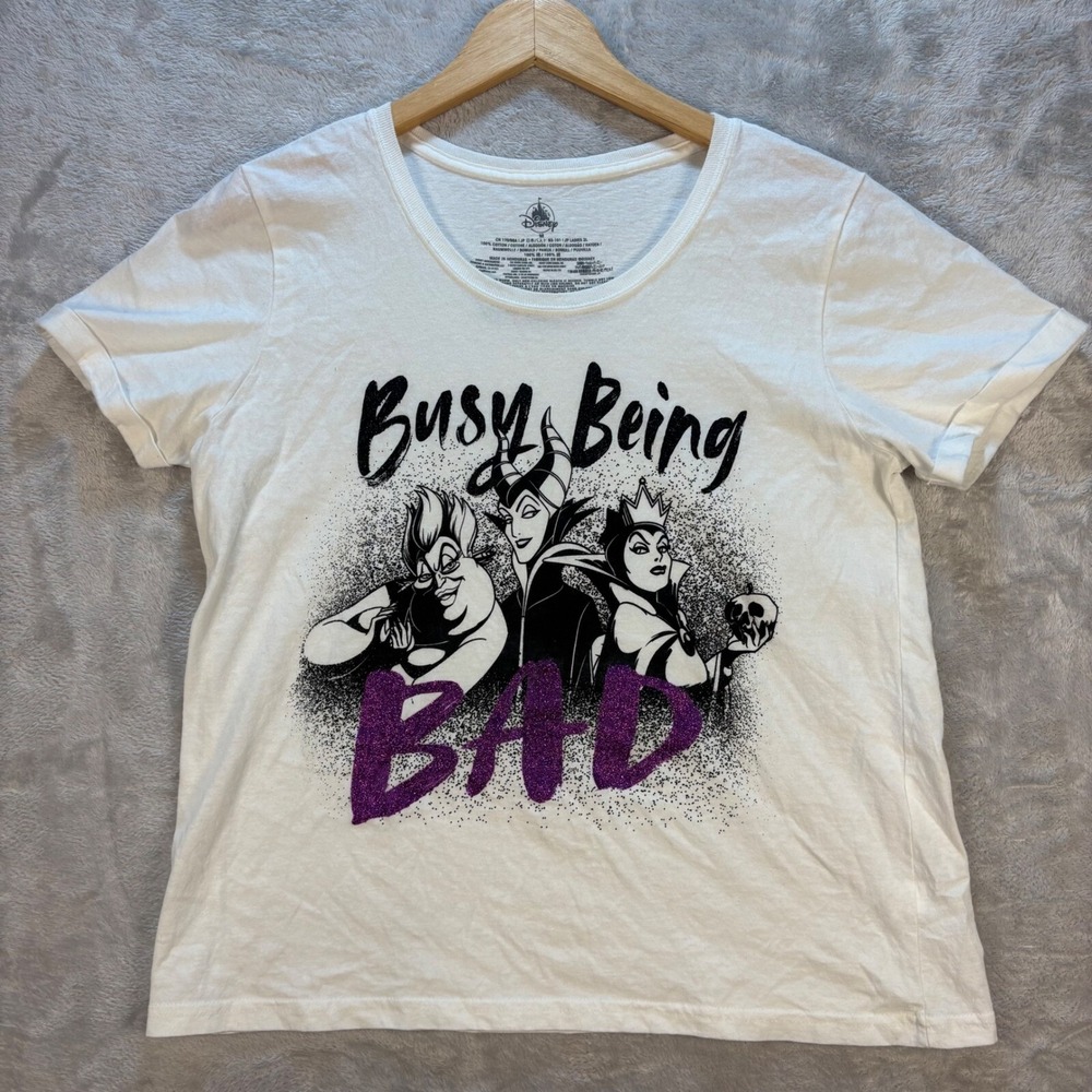 Disney Villains T-Shirt Busy Being Bad Graphic Tee White Woman's Size M
